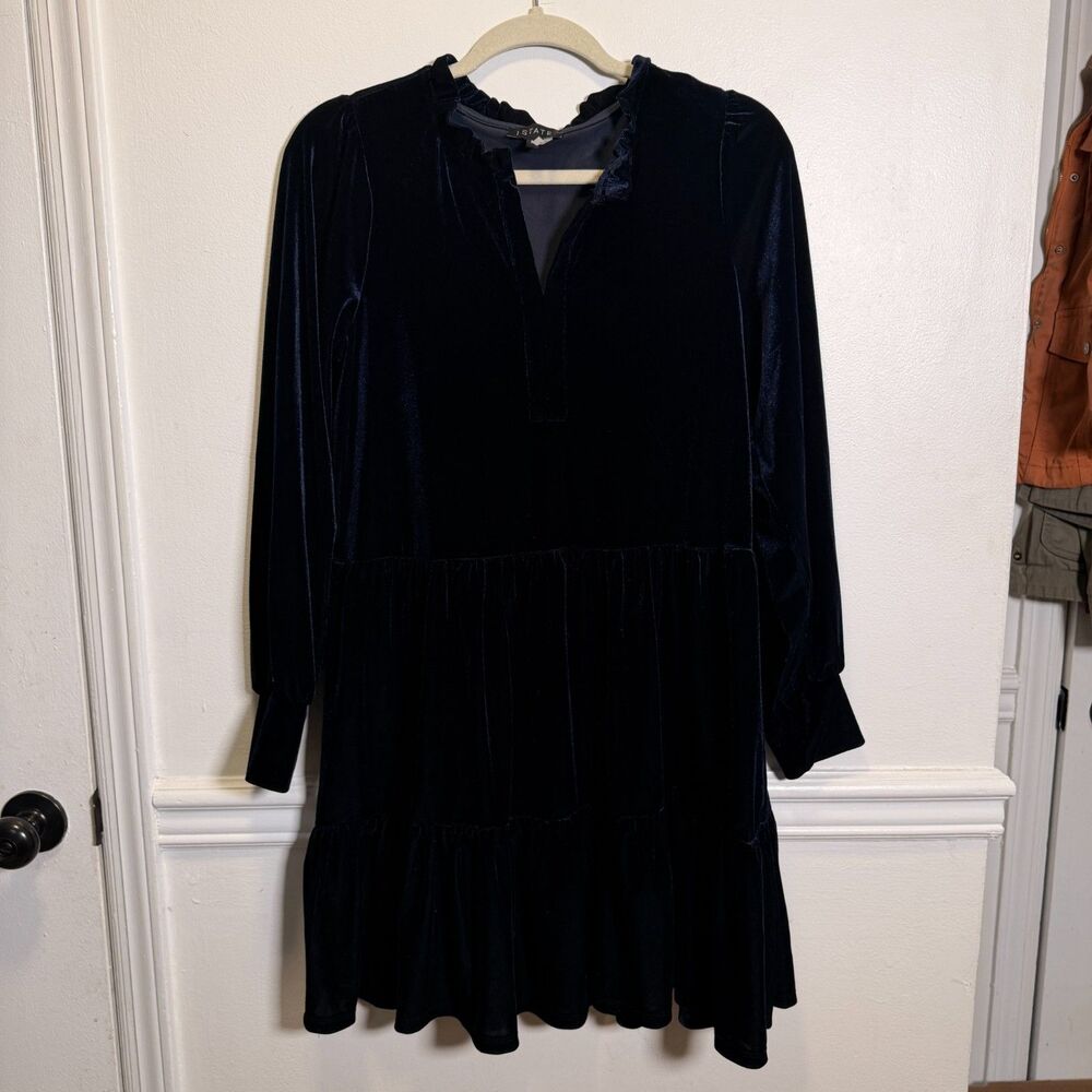 1.STATE Navy Blue Velvet Tiered Mini Dress M Puff Sleeve Ruffle Holiday NWT